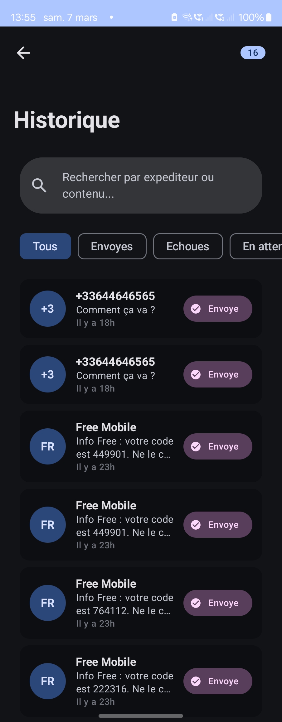 Historique des SMS transferes
